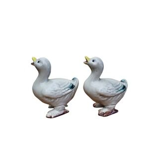 Pair of 2 Vintage Handpainted Duck Figurines Japan 2.5" Miniature Teal Accents